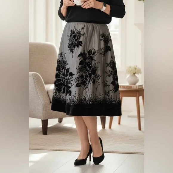MSK Silver Black Velvet Floral Skirt XL – Holiday Party Dress Midi - Picture 3 of 12